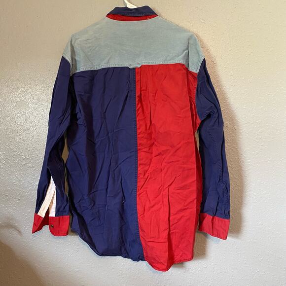 Chaps Mens Large Long Sleeve Stripes Collared Color Block Red White Blue - Picture 2 of 9